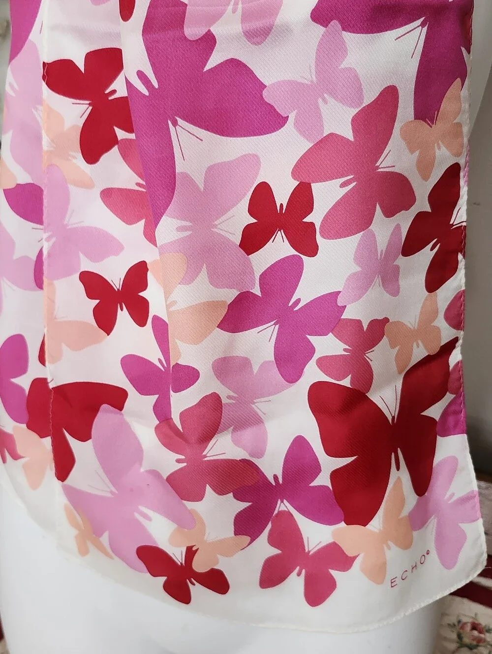 VTG ECHO Butterfly Print Silk Scarf In Pink & Peach